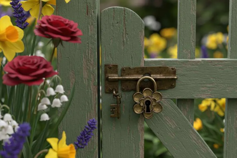 garden with green wood fence lock and key